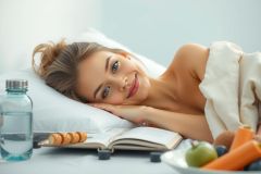 This is a lifestyle image featuring a woman lying in bed with a serene expression. She appears to be relaxing or possibly sleepy, with a glass of water nearby and some fruits on the bed as well. The environment suggests a calm and health-conscious theme.