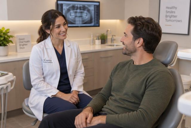 Dentist consults with seated patient in modern dental operatory, dental X-ray visible.