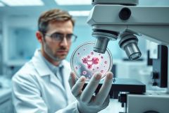 Scientist in lab examining petri dish with pink bacterial colonies under microscope. Research, microbiology, biology, and medical science concepts depicted in a bright, modern laboratory setting.