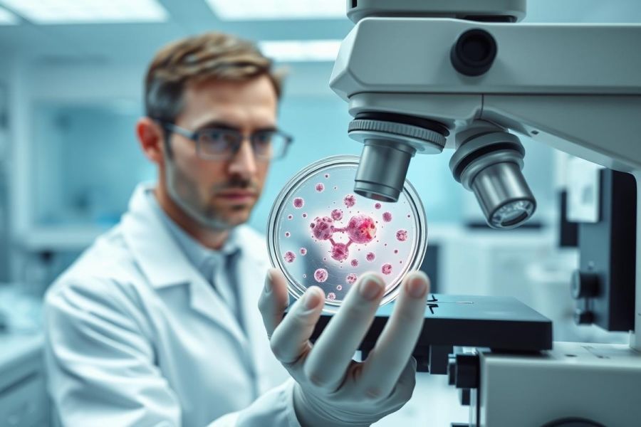 Scientist in lab examining petri dish with pink bacterial colonies under microscope. Research, microbiology, biology, and medical science concepts depicted in a bright, modern laboratory setting.