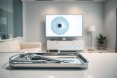 Surgical instruments on a tray in a modern, bright clinic setting. An eye chart is displayed on a screen behind, suggesting ophthalmology or eye care. Clean white and silver tones dominate the scene, conveying a sterile and professional environment.