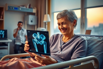 A smiling older woman in a hospital bed, holding a tablet with an X-ray image on it. A doctor is present behind her, observing the screen with interest.