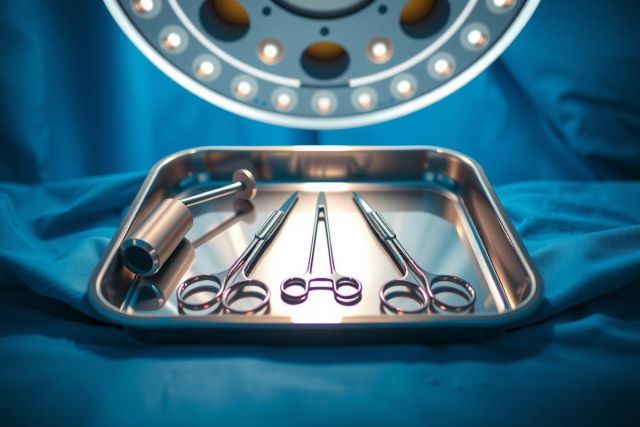 Surgical instruments, including forceps and scissors, are arranged on a stainless steel tray against a blue backdrop, illuminated by overhead lights. A medical or healthcare theme is evident.