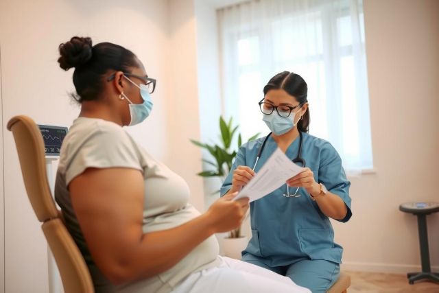 Doctor examining patient in a clinic. A female doctor in scrubs consults with a patient. The scene is brightly lit, showing healthcare setting.