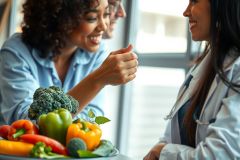 A doctor discusses healthy eating with a patient, featuring a bowl of fresh fruits and vegetables. The scene highlights nutrition and wellness, with a focus on vibrant colors like red, green, and orange.