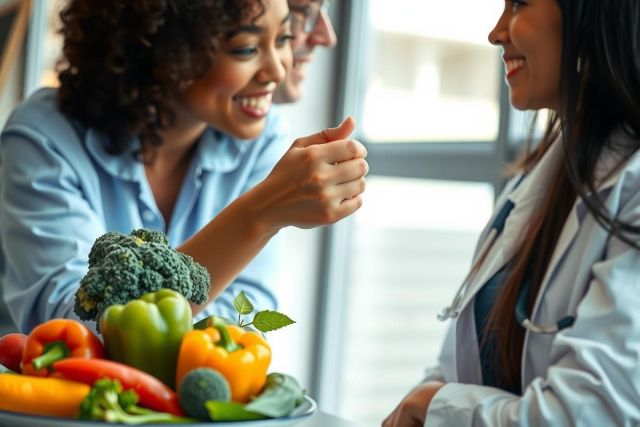 A doctor discusses healthy eating with a patient, featuring a bowl of fresh fruits and vegetables. The scene highlights nutrition and wellness, with a focus on vibrant colors like red, green, and orange.