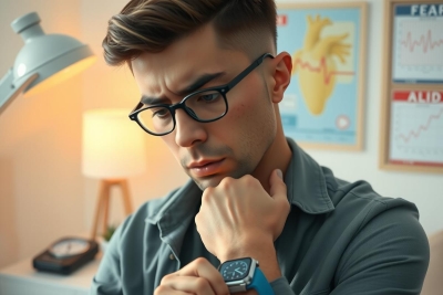 The image depicts a young man in glasses, looking contemplative with his hand on his chin. He appears to be in an indoor setting with various items around him like papers and a clock. 