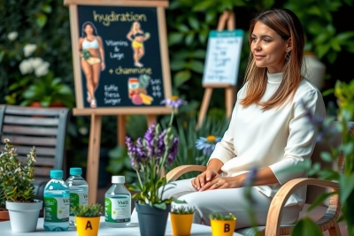 The image features a woman seated at an outdoor table, surrounded by potted plants and various bottles. She appears to be engaged in conversation or simply relaxing. The background includes additional signage indicating a healthy lifestyle focus, possibly related to the items on the table.