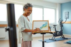 Woman artist painting at an easel in a bright studio. She's using colorful pencils and creating artwork, surrounded by exercise equipment and yoga mats. A serene and creative atmosphere.