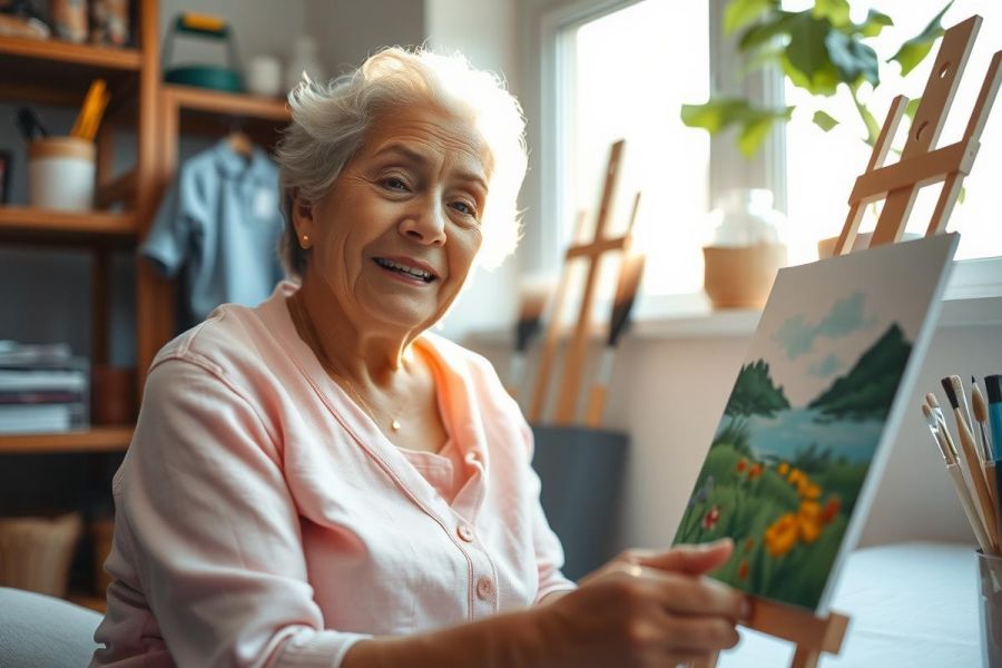 Elderly artist painting a vibrant landscape on canvas. Warm light illuminates the studio with easels, brushes, and a comfortable setting.
