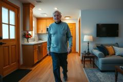 The image shows a man walking through a modern, well-lit living room. He is wearing casual attire and appears to be in motion. The room features a sleek design with wooden flooring, white walls, a couch, and contemporary decor.