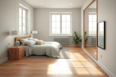 The image shows a modern bedroom with a wooden floor. It features a large window allowing natural light to enter, enhancing the room's inviting ambiance. The color palette is neutral, primarily using white and beige tones with accents of wood and plants adding warmth. There are no visible texts or distinct brands.