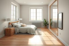 The image shows a modern bedroom with a wooden floor. It features a large window allowing natural light to enter, enhancing the room's inviting ambiance. The color palette is neutral, primarily using white and beige tones with accents of wood and plants adding warmth. There are no visible texts or distinct brands.