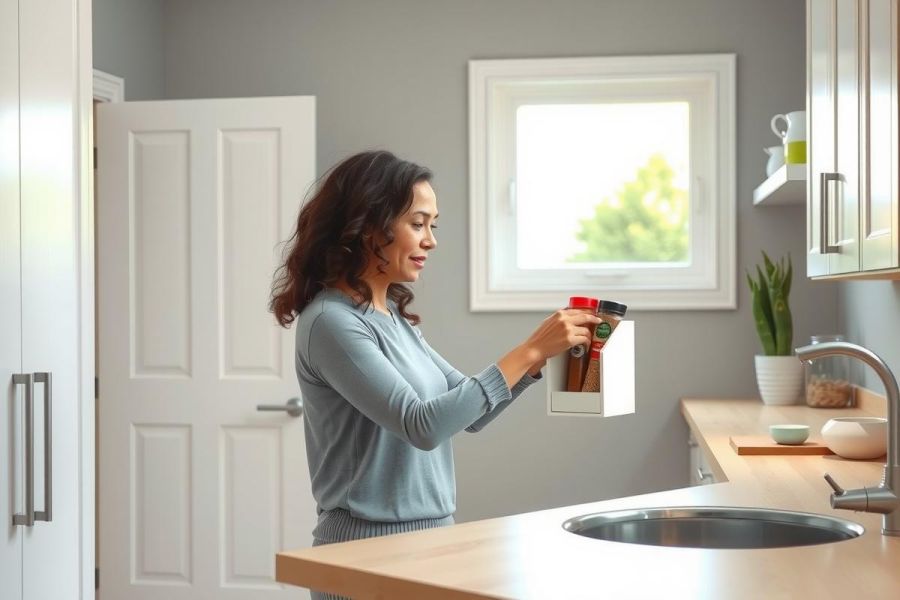 Woman in kitchen putting something in a container. Bright, natural light, modern decor, wooden countertops, and a sense of domesticity.