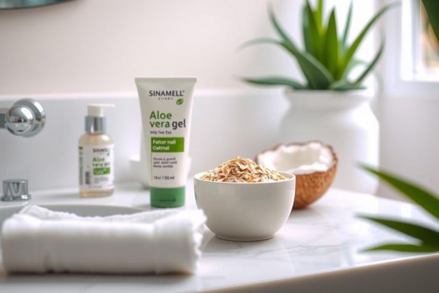 Close-up of skincare products on a white bathroom counter. Includes aloe vera gel, a white bowl with granules, a small bottle, and a rolled towel. Natural, clean, and spa-like aesthetic.