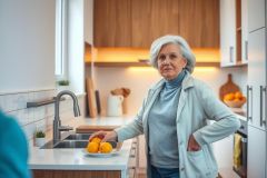Senior woman in a bright, modern kitchen. She stands near a counter with oranges, looking thoughtful. The kitchen features white cabinets and stainless steel appliances, creating a clean and airy feel.
