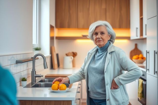 Senior woman in a bright, modern kitchen. She stands near a counter with oranges, looking thoughtful. The kitchen features white cabinets and stainless steel appliances, creating a clean and airy feel.