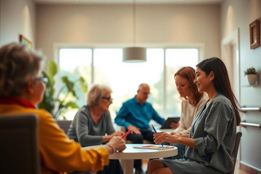 Three people are seated around a table, engaged in a conversation. The setting appears to be a modern, bright interior space with natural light and plants.  A casual, friendly atmosphere is conveyed.