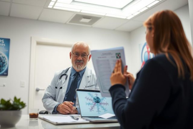 Doctor examining a patient, reviewing a chart. Healthcare professional consultation, medical examination, clinic setting. White coat, patient interaction, diagnostic discussion.