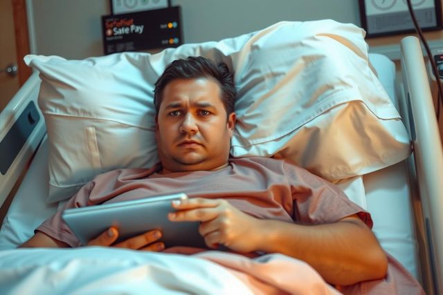 A man is lying in a hospital bed, looking at a tablet. He has short dark hair, indicating that he may be a patient or receiving medical care. The room is a typical hospital room, with clinical colors and equipment visible around him.