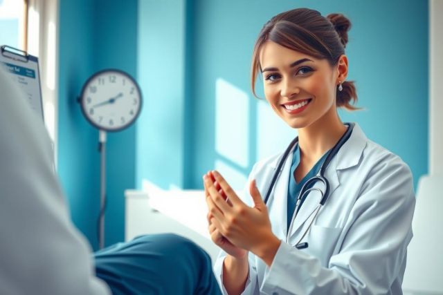 A healthcare professional in a white coat and stethoscope interacts with a patient in a clinic setting. The image features a warm, inviting environment with a focus on medical care and patient interaction.