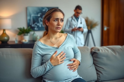 A woman sitting on the sofa is holding her belly anxiously. A doctor is holding a phone and standing behind her and looking at the woman.