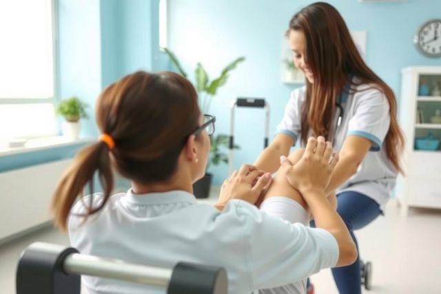 Healthcare worker assists patient with mobility. The scene depicts a medical professional helping a person in a wheelchair, likely in a clinic or rehabilitation setting. The environment is bright and clean, showcasing care and support.