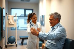 Doctor examines patient's arm in a clinic setting. Healthcare professional wearing a white coat assesses a man during an appointment. The scene depicts medical consultation and physical assessment.