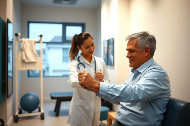 Doctor examines patient's arm in a clinic setting. Healthcare professional wearing a white coat assesses a man during an appointment. The scene depicts medical consultation and physical assessment.