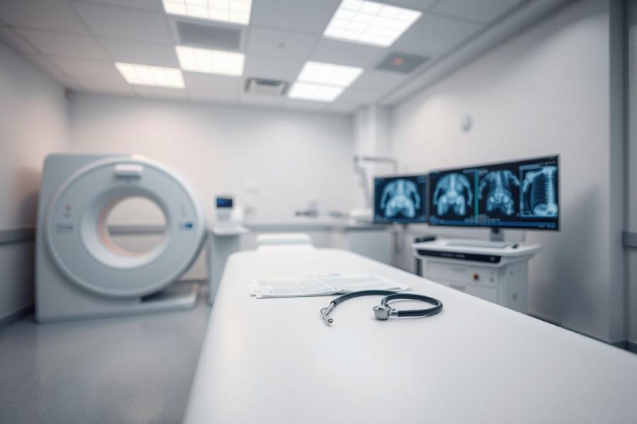 Medical imaging room featuring a CT scanner and monitors displaying X-ray images. Clean, white environment with a stethoscope on a table, suggesting a healthcare setting. Focus on diagnostic technology and medical equipment.