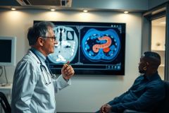 Doctor explaining medical scan results to a patient in a clinic. Diagnostic imaging, healthcare professional consultation, medical examination, patient care, radiology.