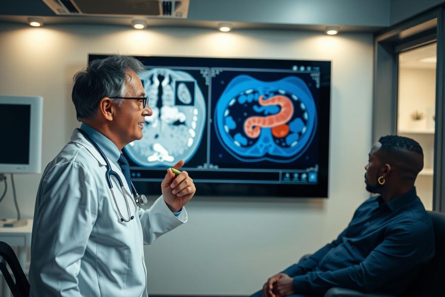 Doctor explaining medical scan results to a patient in a clinic. Diagnostic imaging, healthcare professional consultation, medical examination, patient care, radiology.