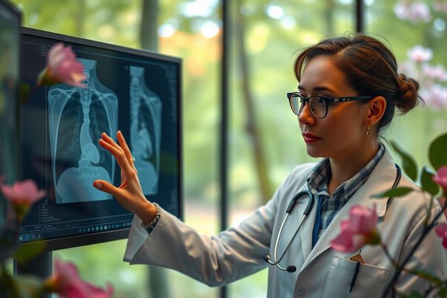The image shows a woman, possibly a radiologist or medical professional, interacting with medical imagery on a computer screen. She is wearing glasses and appears to be in an office environment that has natural light coming from the background. 