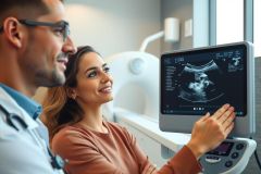The image depicts a medical environment, likely an ultrasound room. A patient and a healthcare professional are interacting with the ultrasound equipment. Both individuals appear engaged in conversation, possibly discussing the results or details of the scan. The room has a clinical appearance with neutral colors that suggest it is designed for patient care.