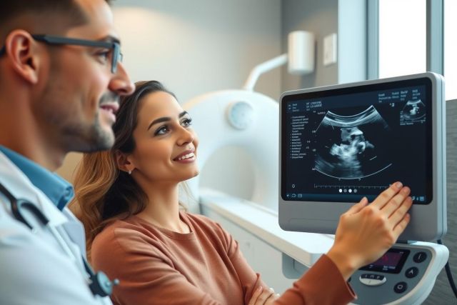 The image depicts a medical environment, likely an ultrasound room. A patient and a healthcare professional are interacting with the ultrasound equipment. Both individuals appear engaged in conversation, possibly discussing the results or details of the scan. The room has a clinical appearance with neutral colors that suggest it is designed for patient care.