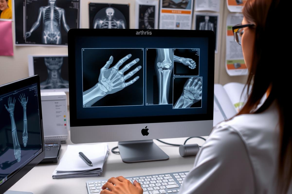 A woman in a lab coat is seated at a workstation with two monitors displaying medical images of bones and joints. She appears to be a radiologist or physician reviewing the images for diagnostic purposes.