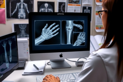 A woman in a lab coat is seated at a workstation with two monitors displaying medical images of bones and joints. She appears to be a radiologist or physician reviewing the images for diagnostic purposes.