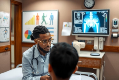 Medical office scene with a doctor and patient. Doctor wearing glasses and scrubs, talking to seated patient on exam table. Surrounded by medical equipment, charts, and anatomy models.