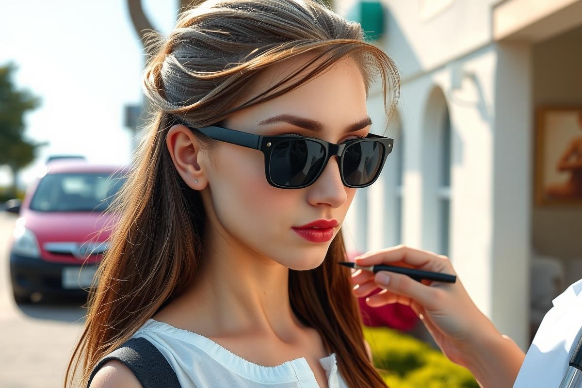The image features a woman outdoors, dressed in sunglasses and a white blouse. She has her hair styled with a side parting and wears a dark shade of lipstick.
