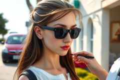 The image features a woman outdoors, dressed in sunglasses and a white blouse. She has her hair styled with a side parting and wears a dark shade of lipstick.