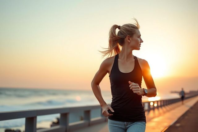 A woman in a black sports bra and pants is running on an empty beach. The sky has the warm orange hue of either sunrise or sunset, suggesting it's early morning. Her hair is tied back, and she appears to be enjoying her exercise with the ocean behind her.