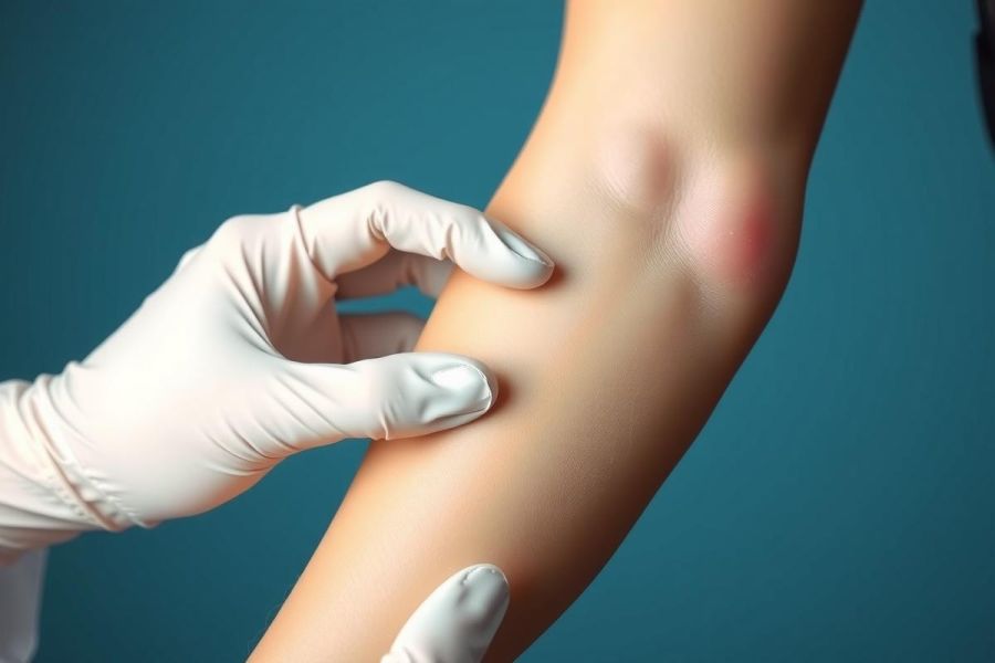 Close-up of a hand in a white glove examining skin. Focus on a raised bump or mark on the arm, potentially indicating a medical condition. Blue background. Health, dermatology, skin examination.