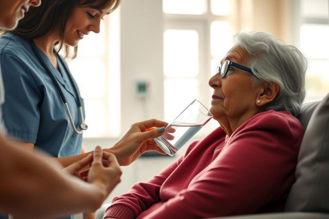 A healthcare worker assists an elderly woman taking medication at home. The scene portrays compassionate care and a focus on senior health. Warm lighting and a comforting environment are visible.