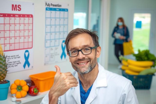 The image shows a man in a lab coat smiling and giving a thumbs up gesture. He is surrounded by various health-related items such as fruits, vegetables, and medical equipment. The environment suggests that he is a scientist or researcher working on health topics.