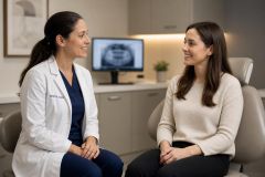 Dentist consulting smiling patient in modern dental operatory with dental X‑ray visible on monitor.