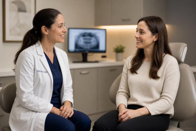 Dentist consulting smiling patient in modern dental operatory with dental X‑ray visible on monitor.