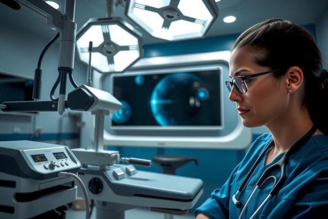 In the image, a medical professional, possibly a doctor or nurse, is seated at a workstation in what appears to be an advanced medical examination room. The individual is wearing a white lab coat over blue scrubs, suggesting they are a healthcare practitioner. 