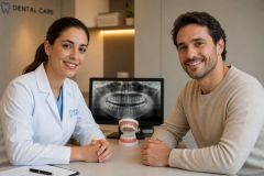Dentist consulting male patient at desk with dental X-ray and tooth model.