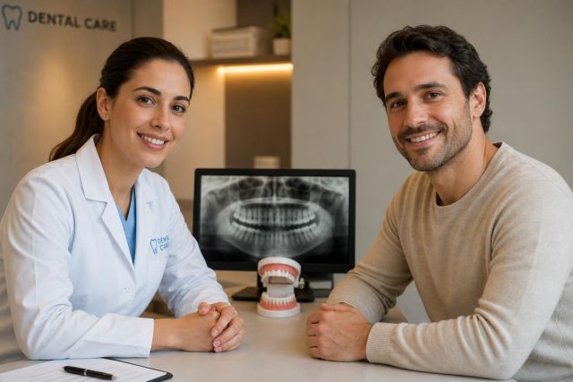 Dentist consulting male patient at desk with dental X-ray and tooth model.