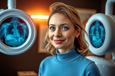 In this image, a young woman smiles and looks into the camera. She appears to be in a medical hospital setting, as evidenced by the equipment behind her, which appears to be an MRI machine and possibly a CT scanner. The setting suggests a clinical or diagnostic setting, possibly related to healthcare.